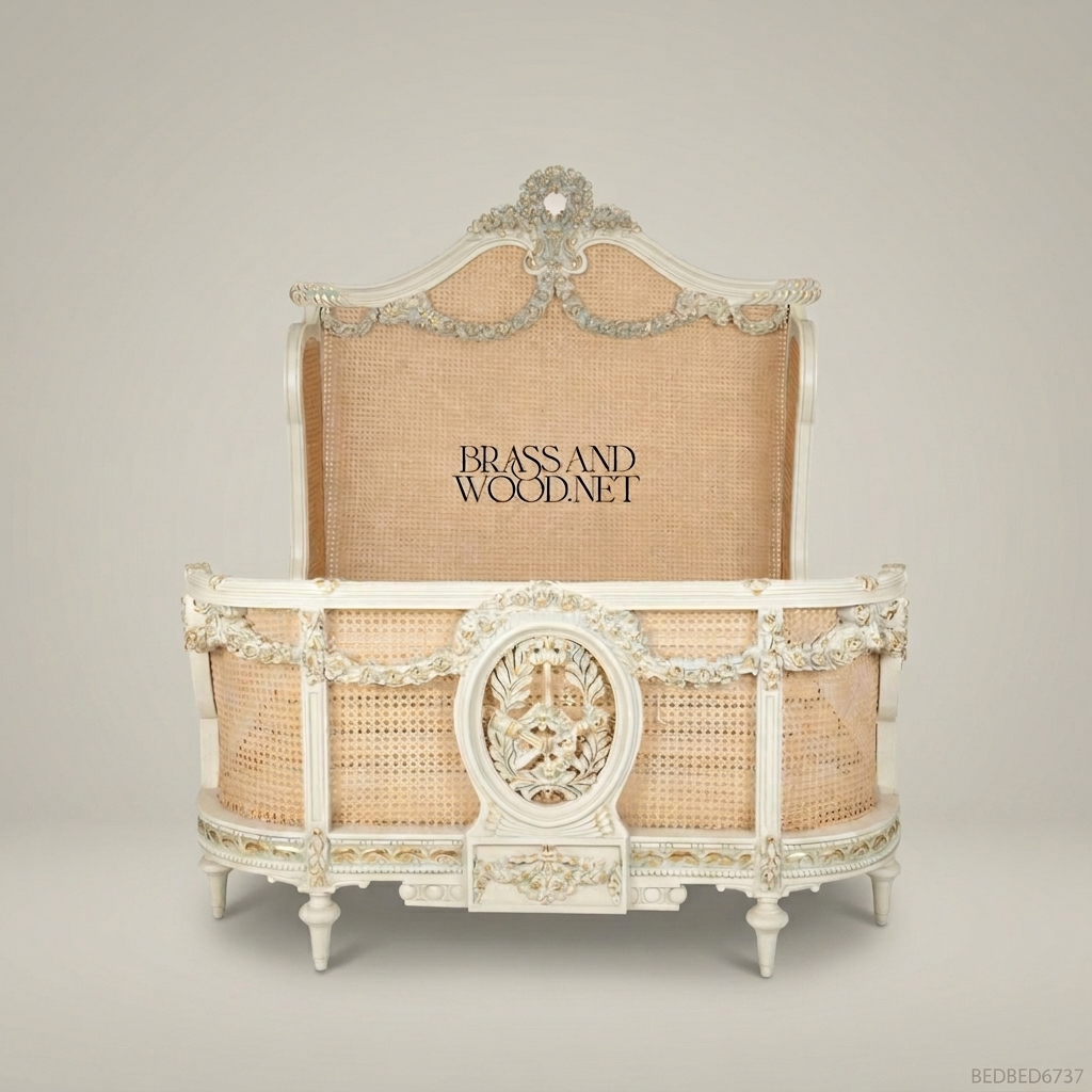 Louis XVI Neoclassical Hand-Carved Cane Panel Bed - Floral Garland Headboard with Oval Medallion Footboard