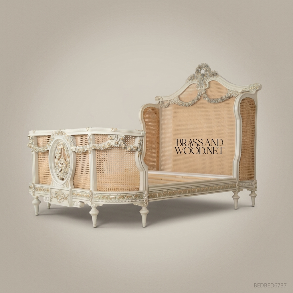 Louis XVI Neoclassical Hand-Carved Cane Panel Bed - Floral Garland Headboard with Oval Medallion Footboard