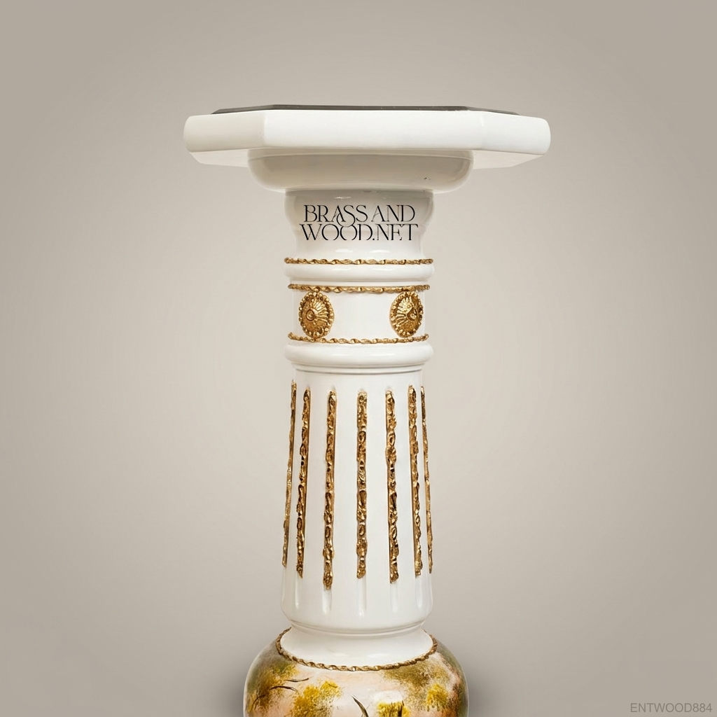 Louis XVI Neoclassical Hand-Painted Column Pedestal with Gilt Mounts & Marble Top
