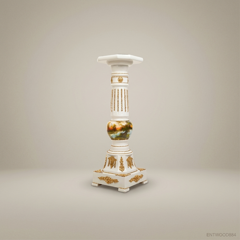 Louis XVI Neoclassical Hand-Painted Column Pedestal with Gilt Mounts & Marble Top