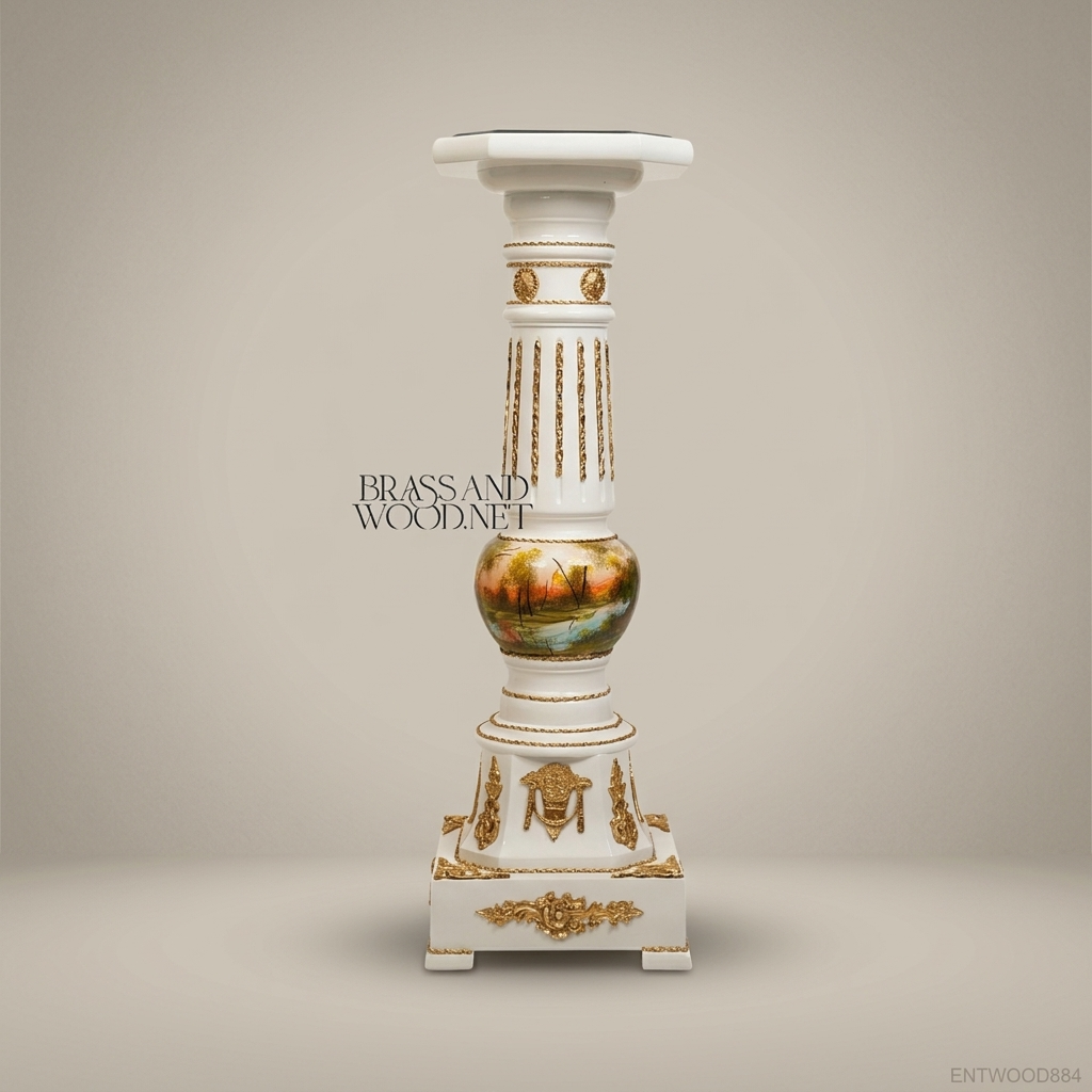 Louis XVI Neoclassical Hand-Painted Column Pedestal with Gilt Mounts & Marble Top