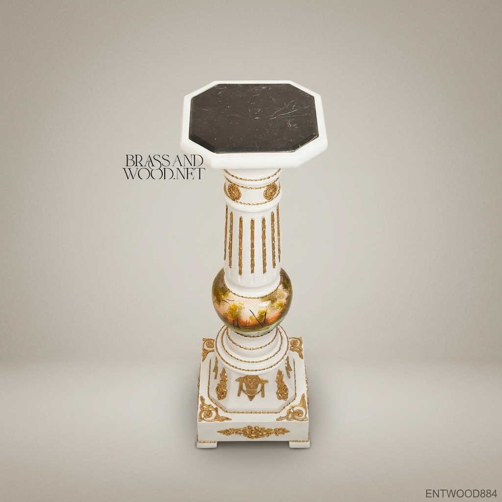Louis XVI Neoclassical Hand-Painted Column Pedestal with Gilt Mounts & Marble Top