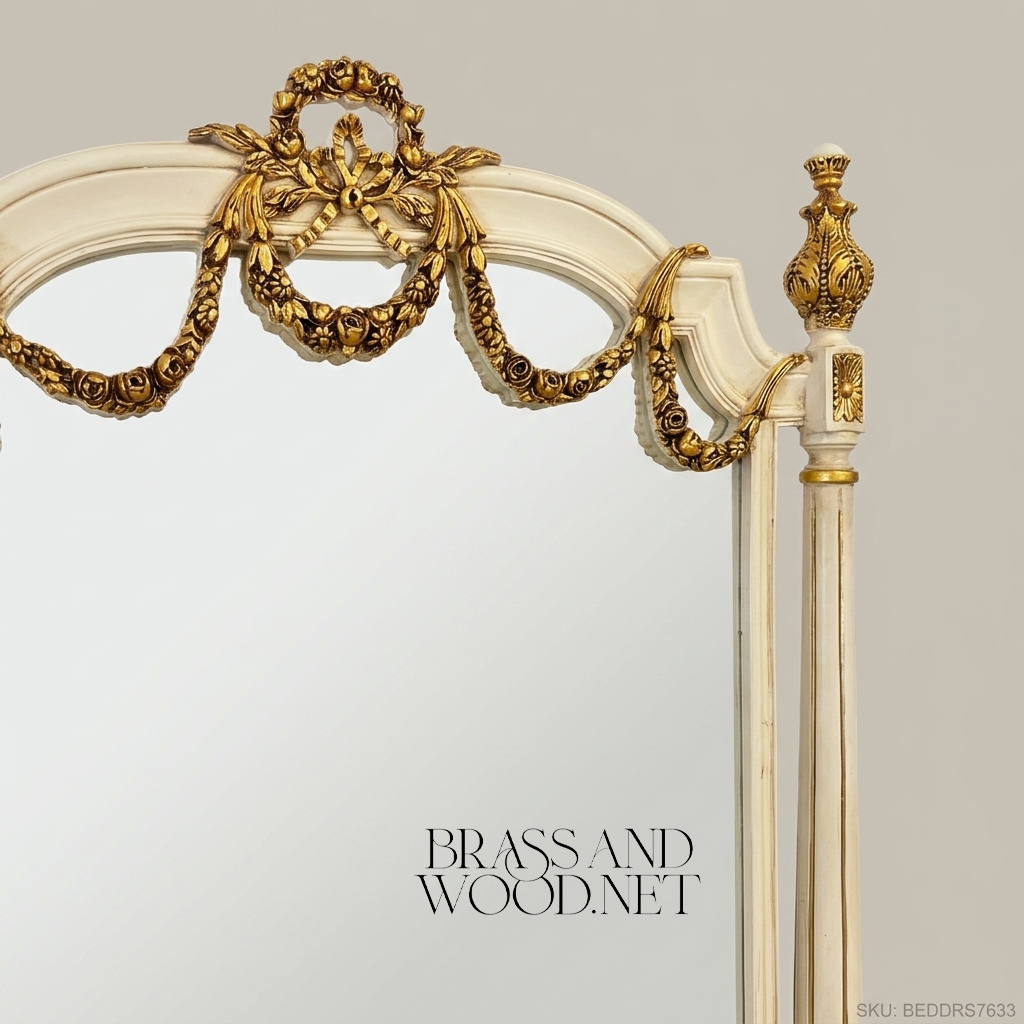 Louis XVI Neoclassical Ivory & Antique Gold Complete Bedroom Set - Rose Garland Crest & Tufted Velvet Headboard