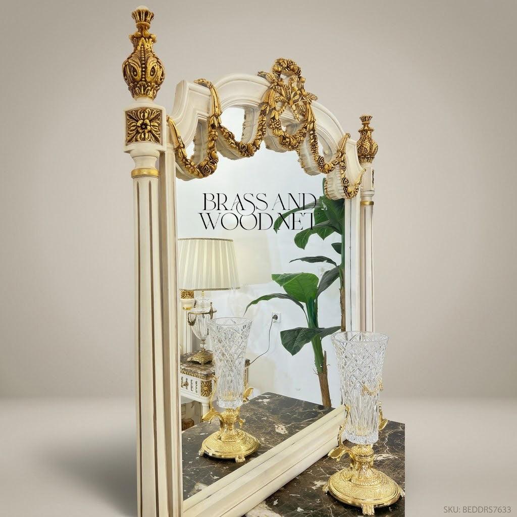 Louis XVI Neoclassical Ivory & Antique Gold Complete Bedroom Set - Rose Garland Crest & Tufted Velvet Headboard