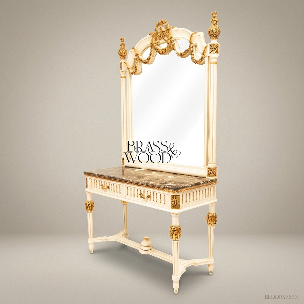 Louis XVI Neoclassical Ivory & Antique Gold Complete Bedroom Set - Rose Garland Crest & Tufted Velvet Headboard