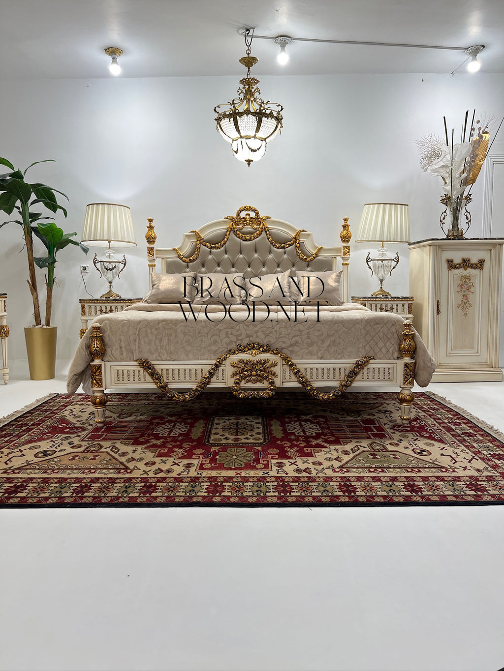 Louis XVI Neoclassical Ivory & Antique Gold Complete Bedroom Set - Rose Garland Crest & Tufted Velvet Headboard