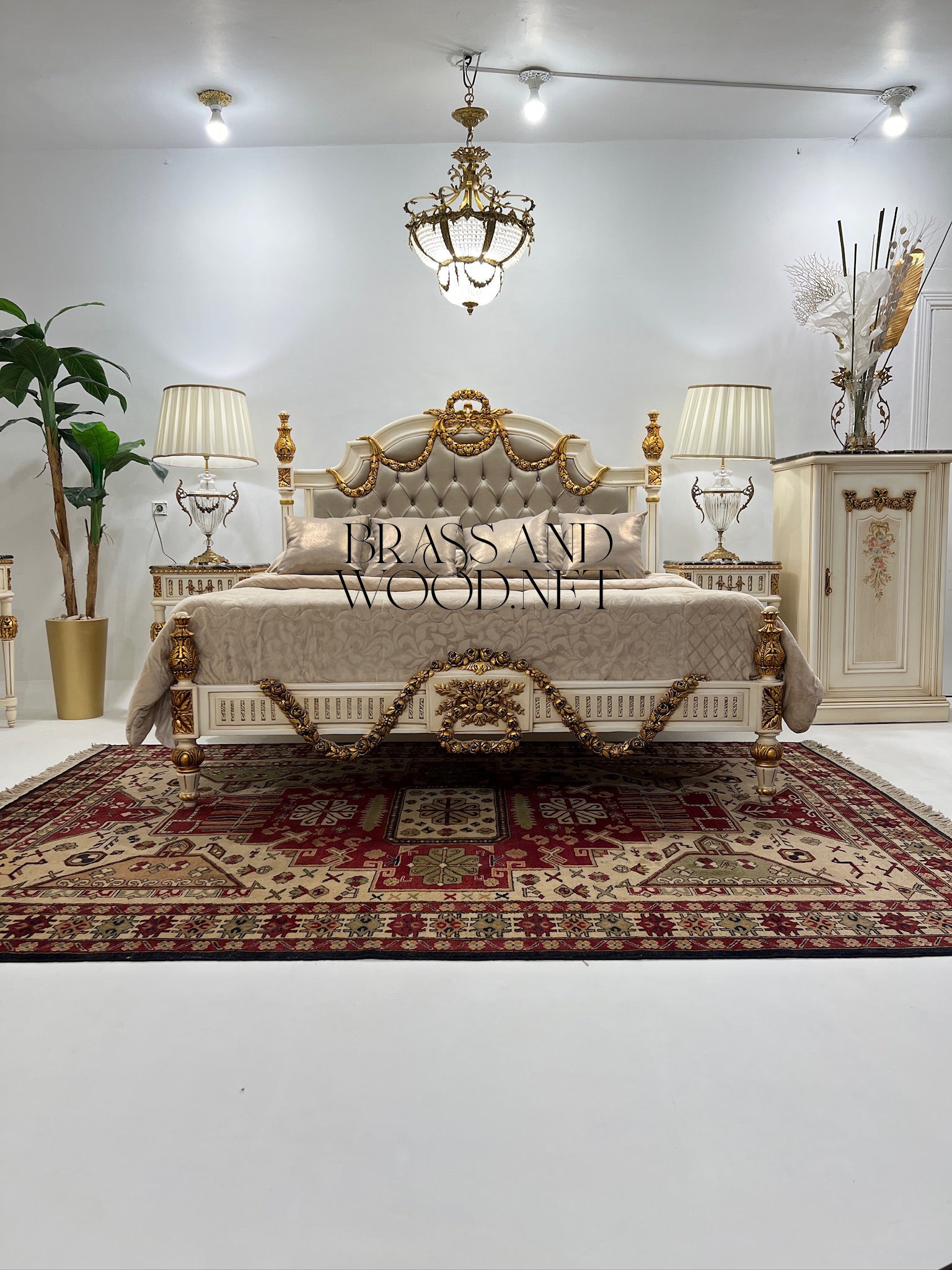 Louis XVI Neoclassical Ivory & Antique Gold Complete Bedroom Set - Rose Garland Crest & Tufted Velvet Headboard