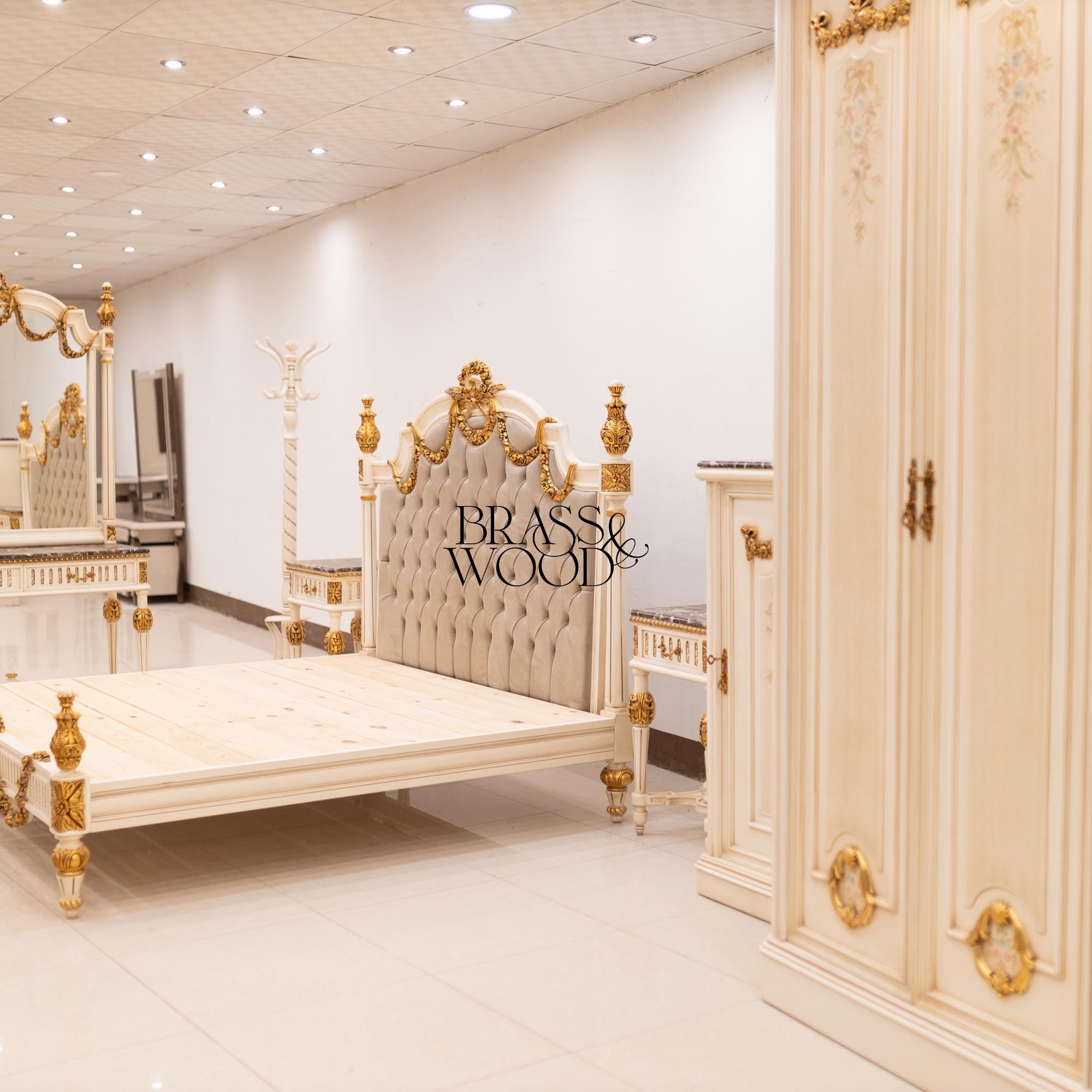 Louis XVI Neoclassical Ivory & Antique Gold Complete Bedroom Set - Rose Garland Crest & Tufted Velvet Headboard