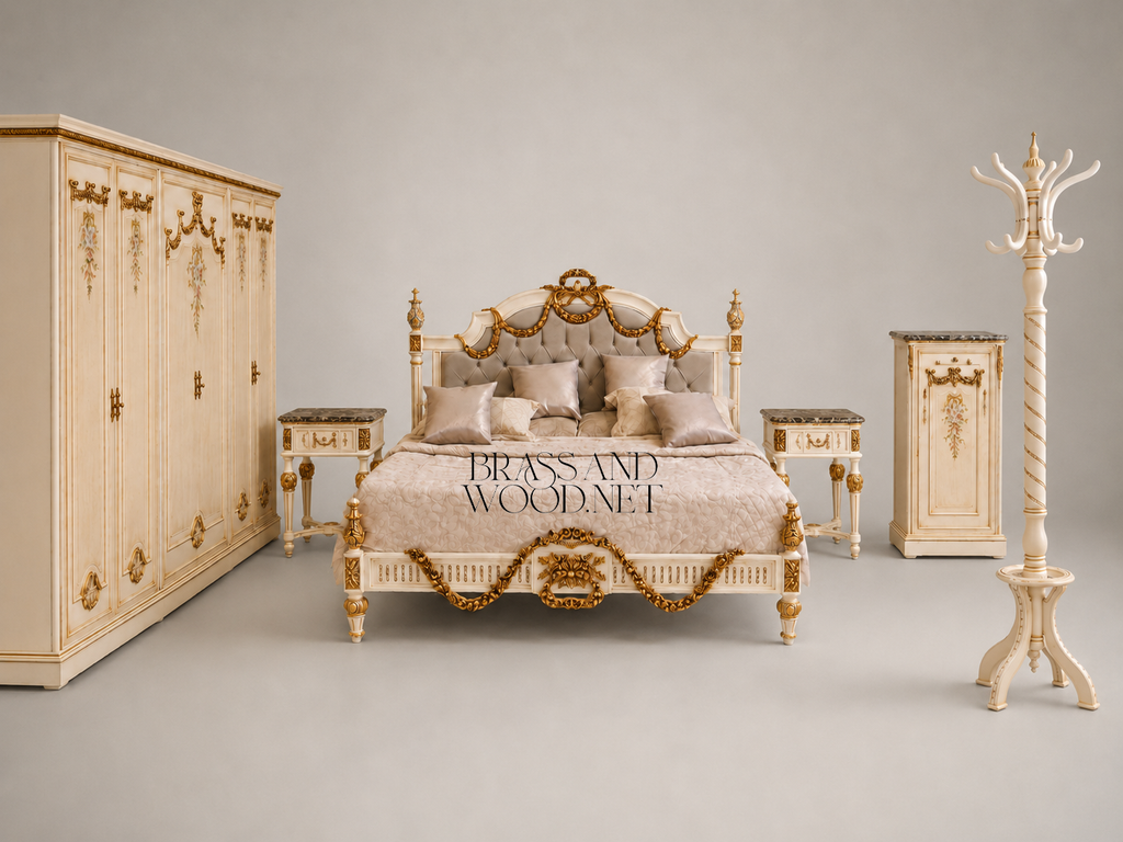 Louis XVI Neoclassical Ivory & Antique Gold Complete Bedroom Set - Rose Garland Crest & Tufted Velvet Headboard