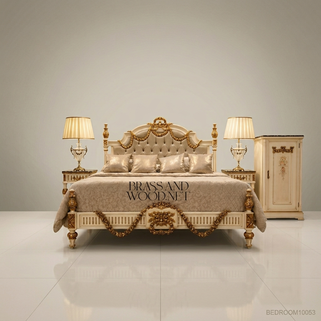 Louis XVI Neoclassical Ivory & Antique Gold Complete Bedroom Set - Rose Garland Crest & Tufted Velvet Headboard