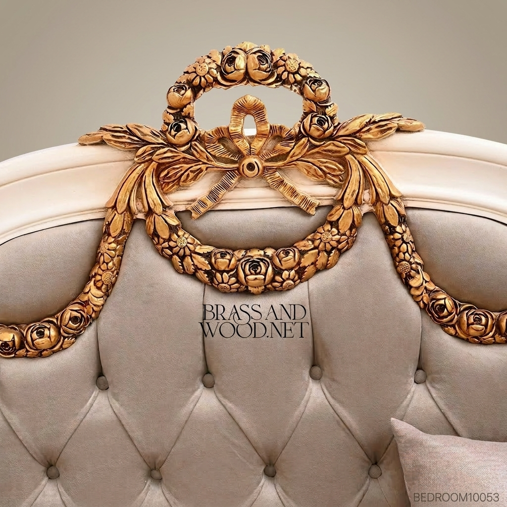 Louis XVI Neoclassical Ivory & Antique Gold Complete Bedroom Set - Rose Garland Crest & Tufted Velvet Headboard
