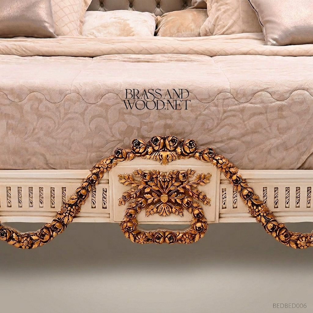 Louis XVI Neoclassical Ivory & Antique Gold Complete Bedroom Set - Rose Garland Crest & Tufted Velvet Headboard