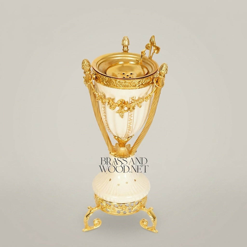 Louis XVI Neoclassical Ivory Ceramic & Brass Incense Burner with Swagged Garland Mounts