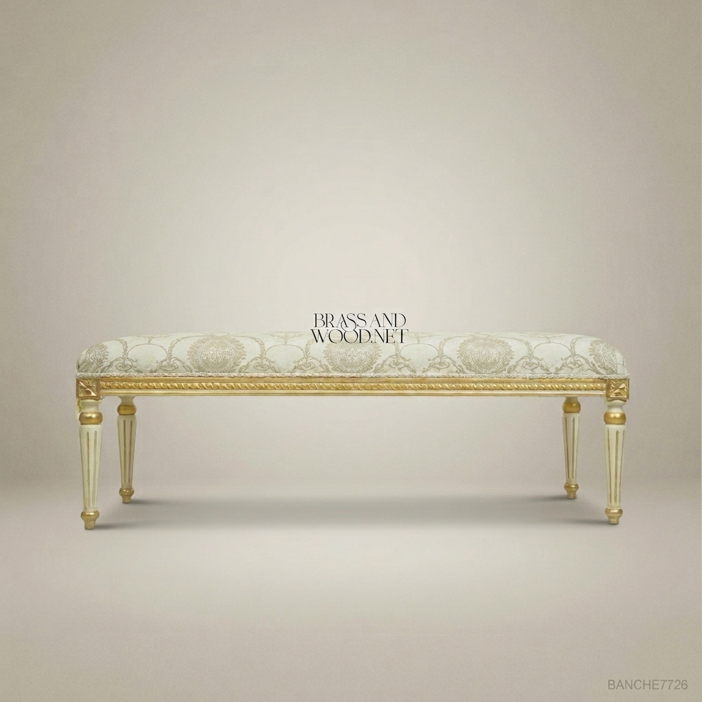 Louis XVI Neoclassical Ivory & Gold Bedroom Bench - Fluted Legs & Damask Upholstery