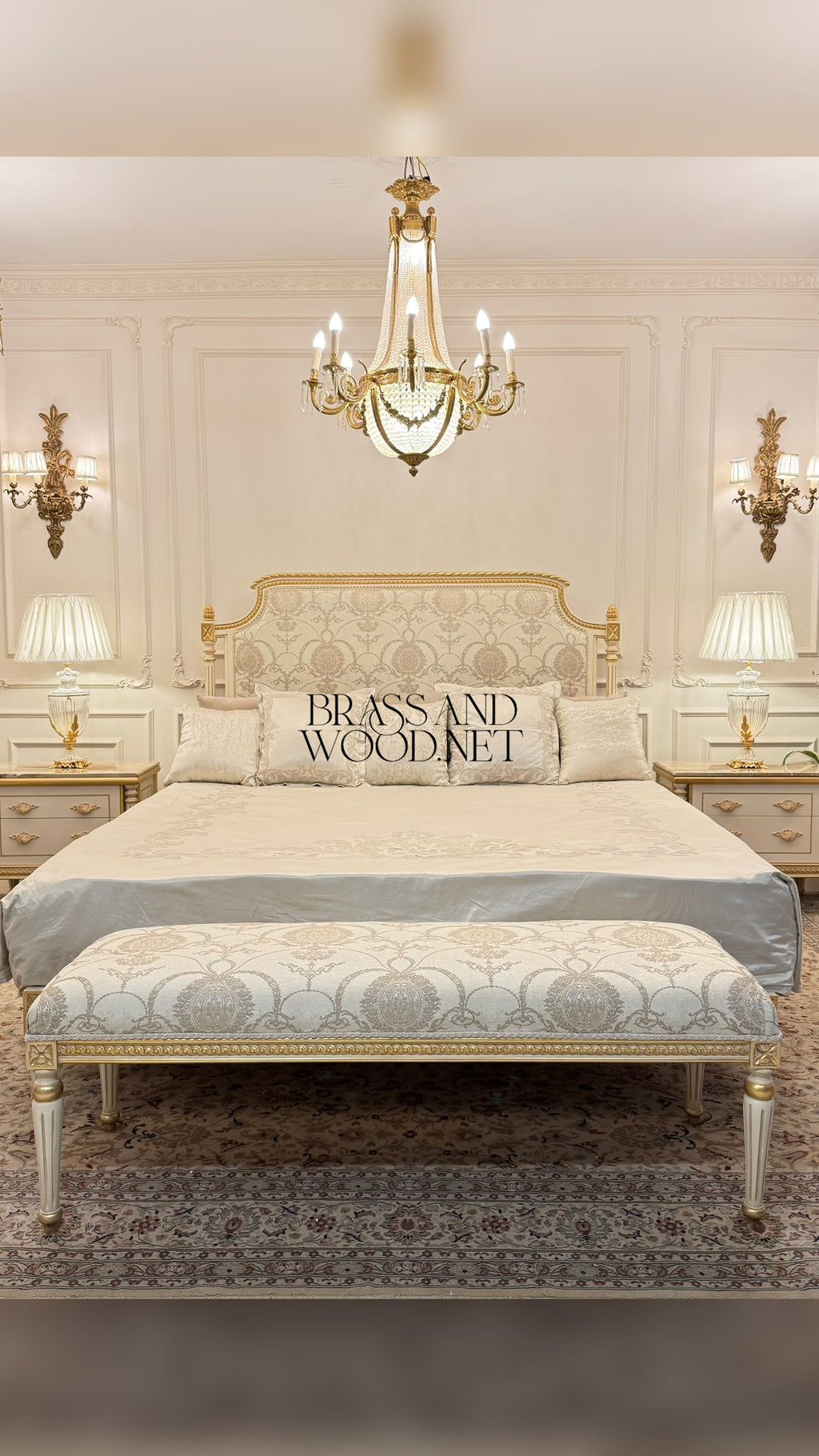 Louis XVI Neoclassical Ivory & Gold Bedroom Set — Fluted Legs with Damask Upholstery