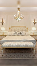 Louis XVI Neoclassical Ivory & Gold Bedroom Set — Fluted Legs with Damask Upholstery
