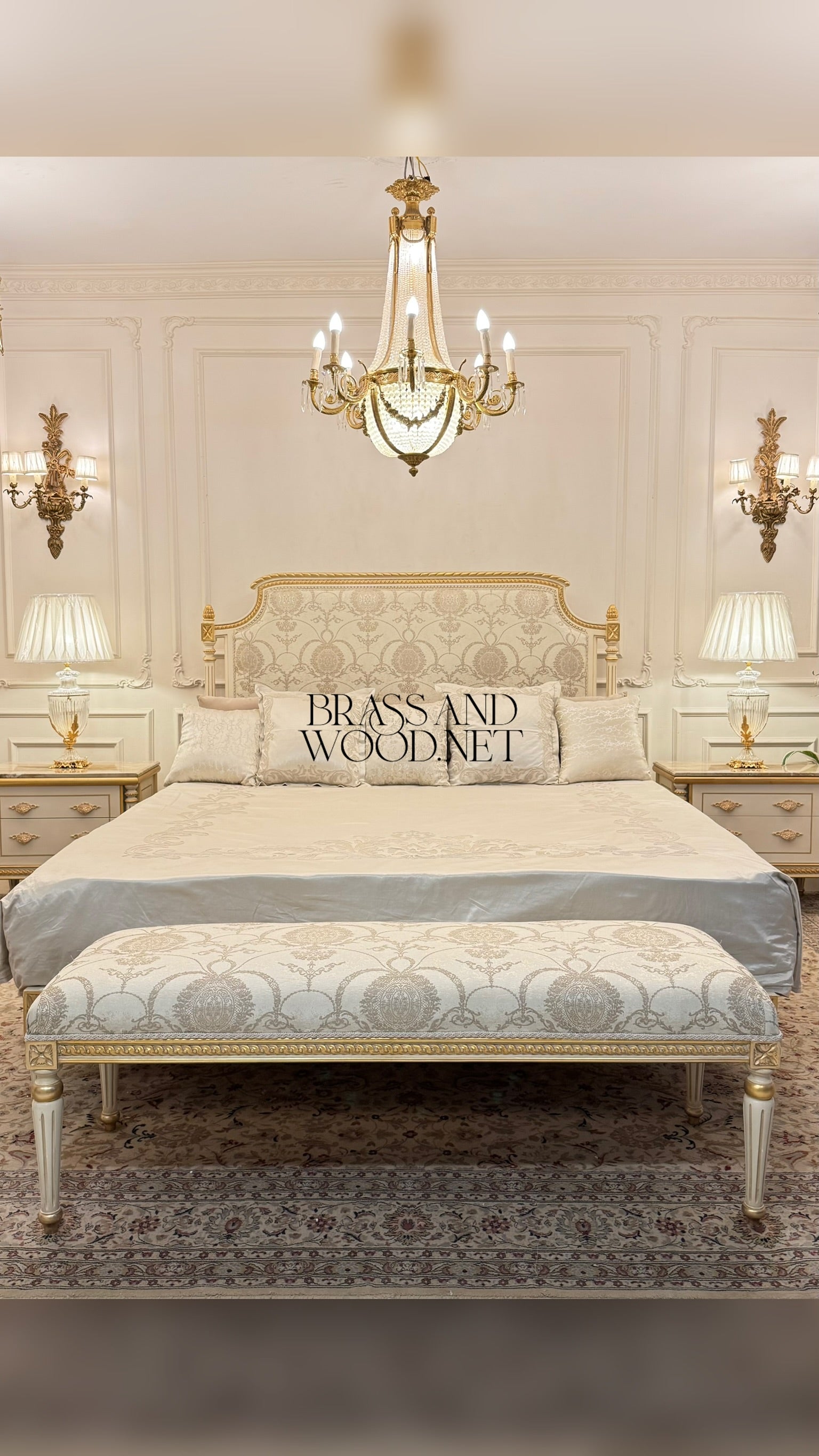 Louis XVI Neoclassical Ivory & Gold Bedroom Set — Fluted Legs with Damask Upholstery