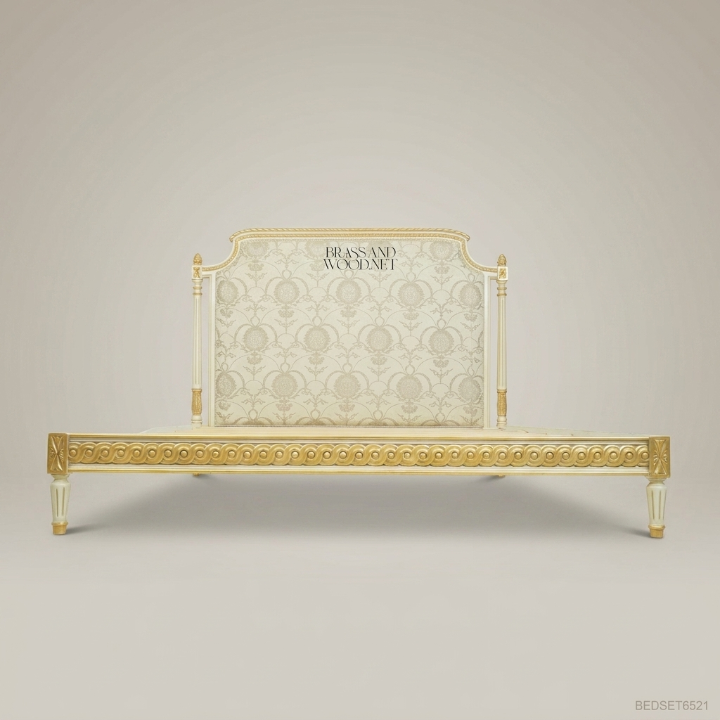 Louis XVI Neoclassical Ivory & Gold Carved Super King Bed with Damask Upholstered Headboard