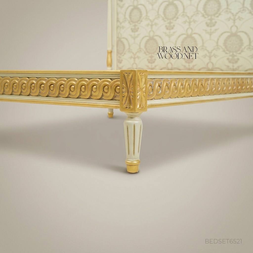 Louis XVI Neoclassical Ivory & Gold Carved Super King Bed with Damask Upholstered Headboard