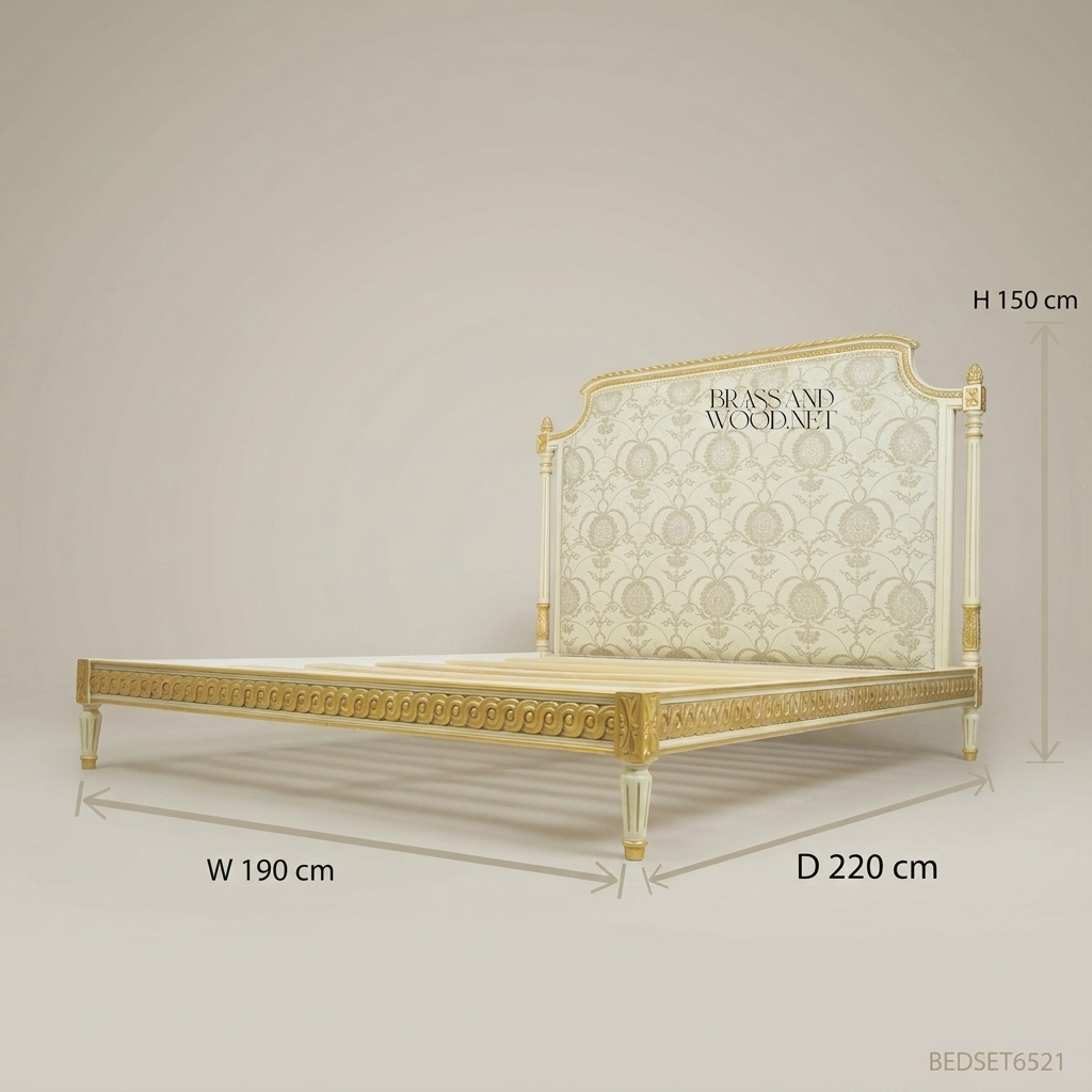Louis XVI Neoclassical Ivory & Gold Carved Super King Bed with Damask Upholstered Headboard