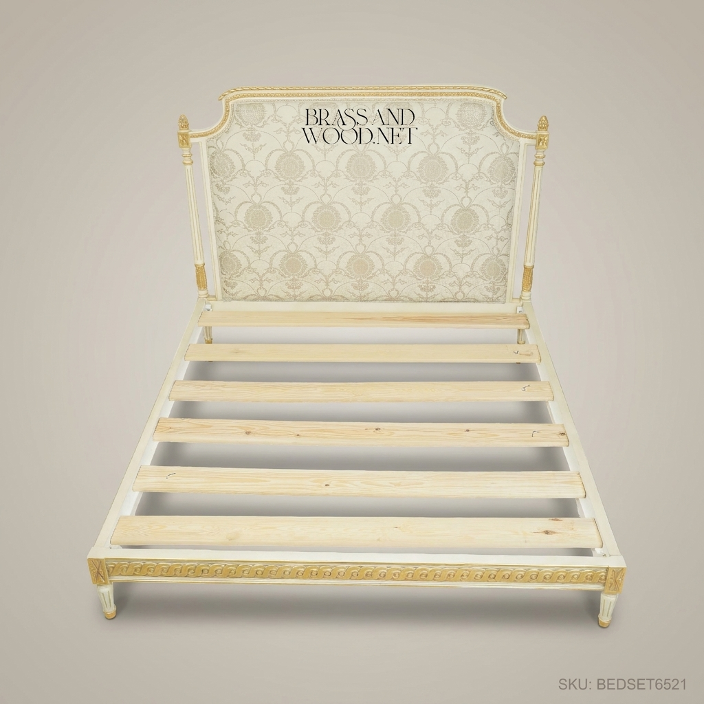 Louis XVI Neoclassical Ivory & Gold Carved Super King Bed with Damask Upholstered Headboard