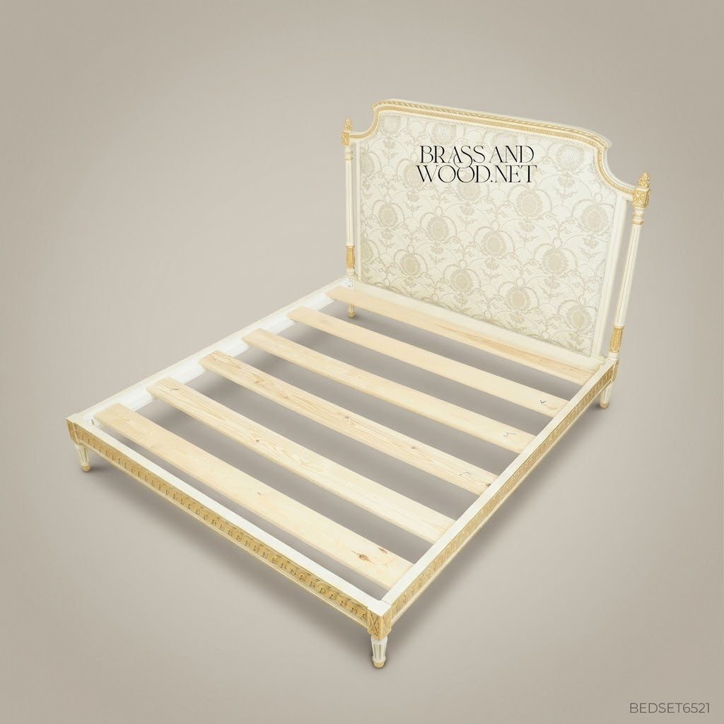 Louis XVI Neoclassical Ivory & Gold Carved Super King Bed with Damask Upholstered Headboard