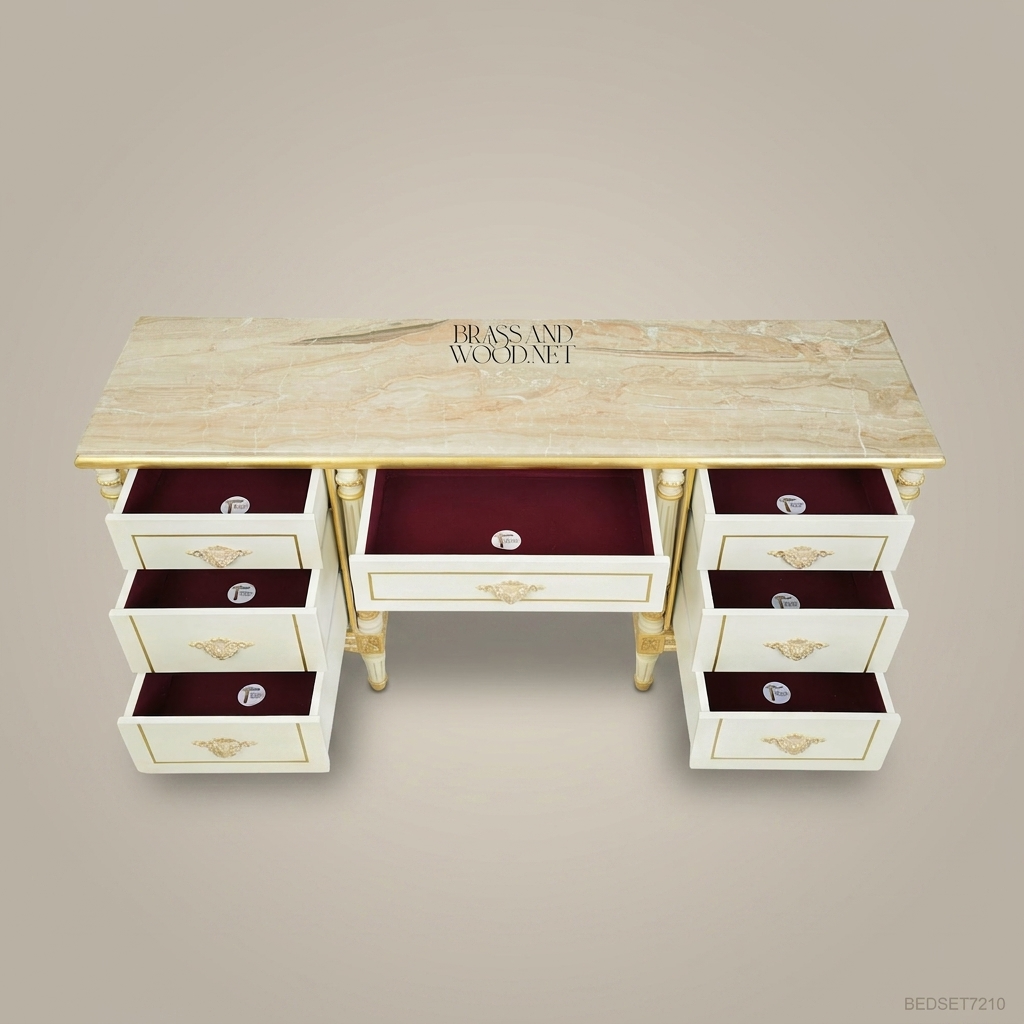 Louis XVI Neoclassical Ivory & Gold Dressing Table Set with Arched Mirror and Marble Top