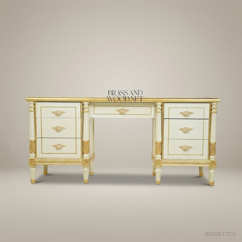 Louis XVI Neoclassical Ivory & Gold Dressing Table Set with Arched Mirror and Marble Top