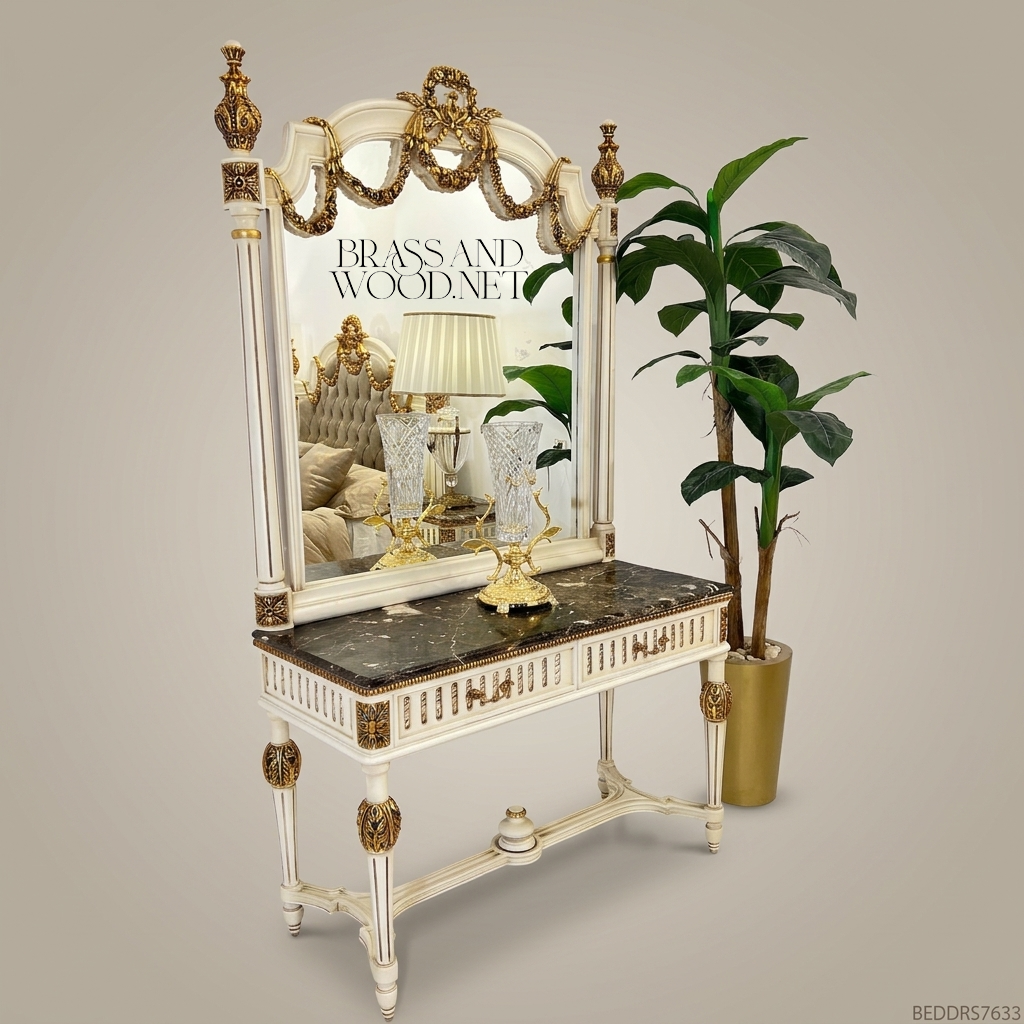 Louis XVI Neoclassical Ivory & Gold Dressing Table with Swagged Garland Mirror