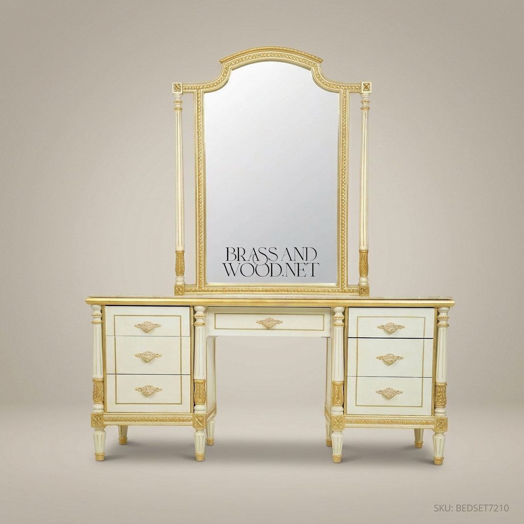 Louis XVI Neoclassical Ivory & Gold Dressing Table Set with Arched Mirror and Marble Top