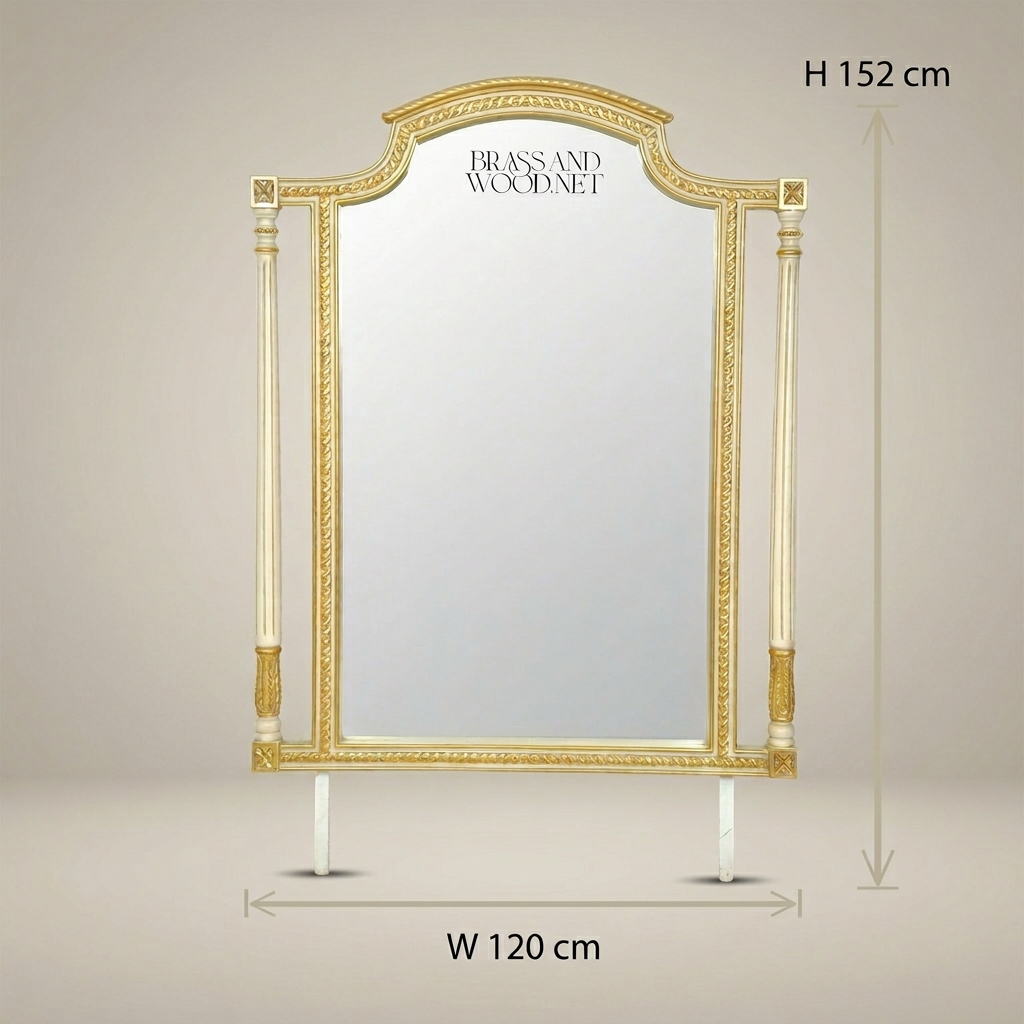 Louis XVI Neoclassical Ivory & Gold Dressing Table Set with Arched Mirror and Marble Top