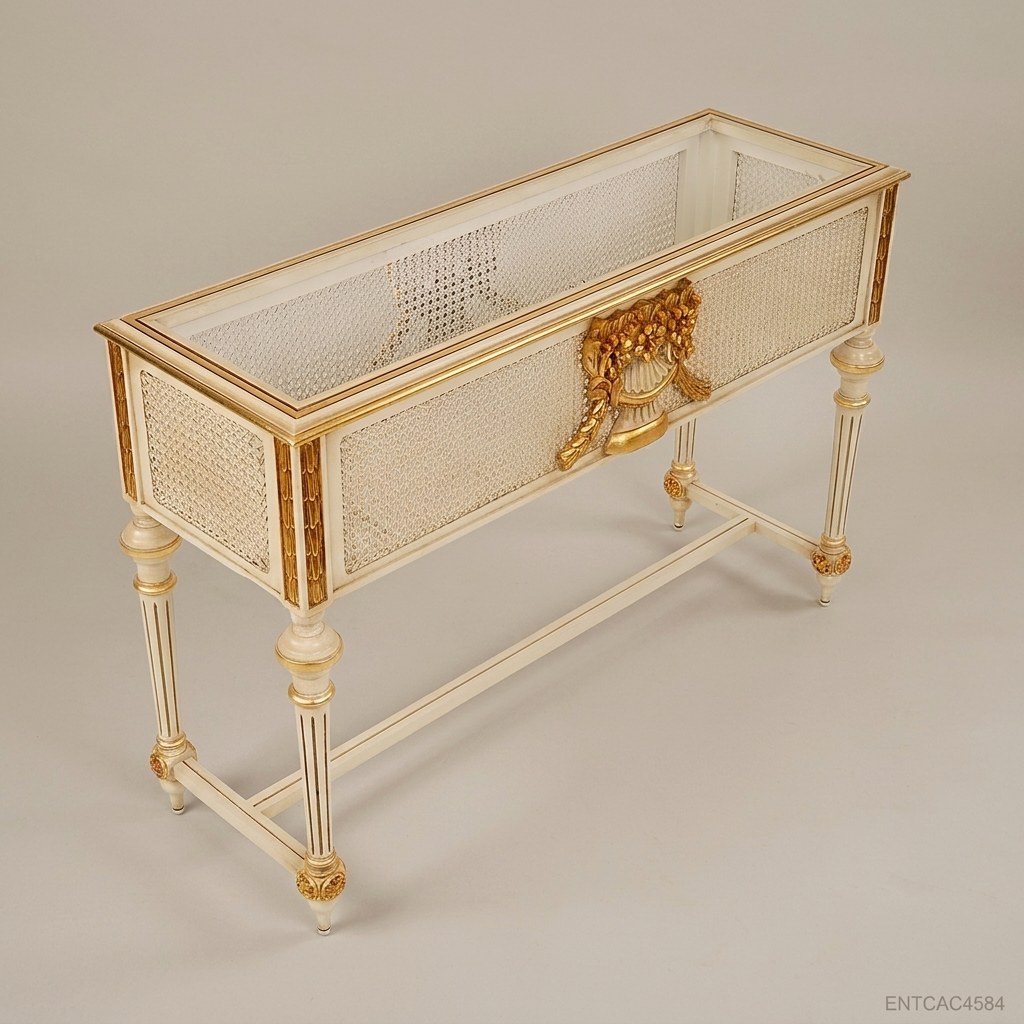 Louis XVI Neoclassical Ivory & Gold Jardinière with Cane Panels and Floral Mount