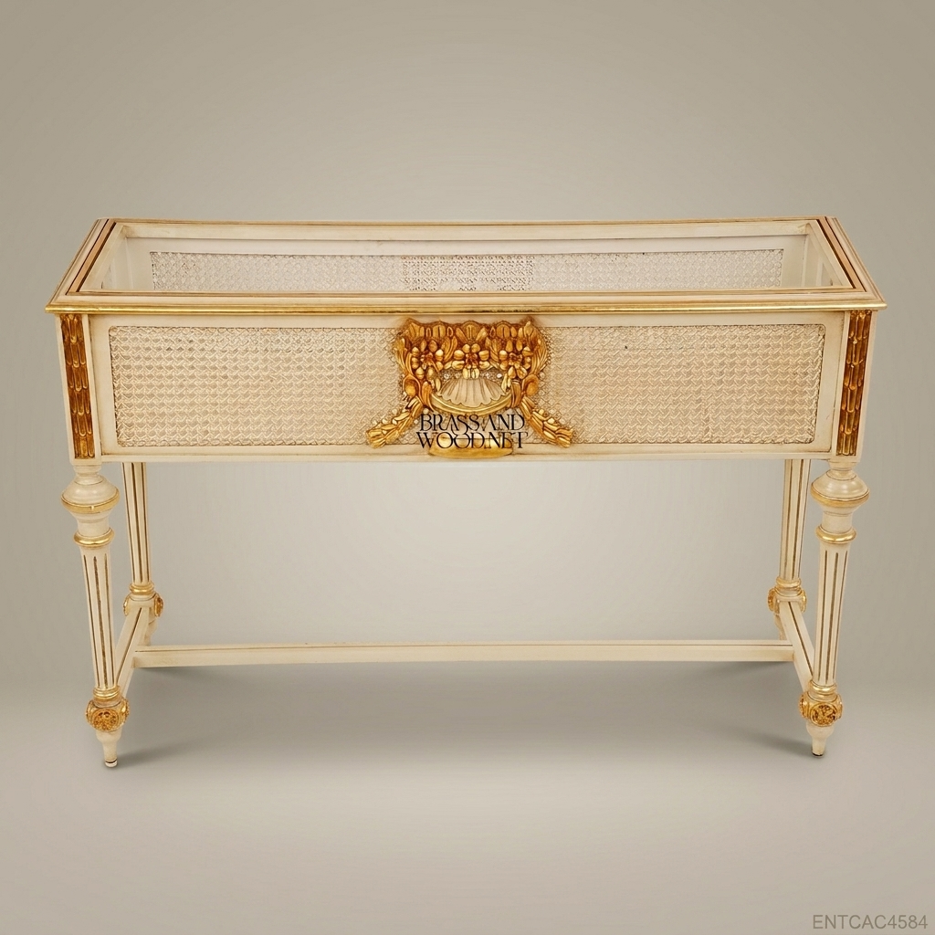 Louis XVI Neoclassical Ivory & Gold Jardinière with Cane Panels and Floral Mount