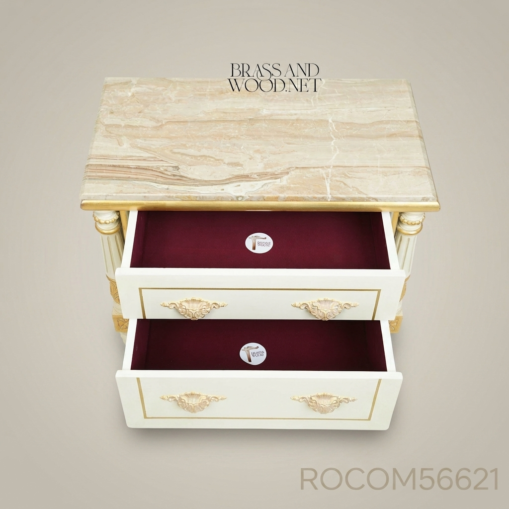 Louis XVI Neoclassical Ivory & Gold Nightstand with Marble Top and Fluted Columns