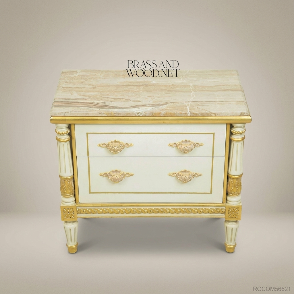 Louis XVI Neoclassical Ivory & Gold Nightstand with Marble Top and Fluted Columns