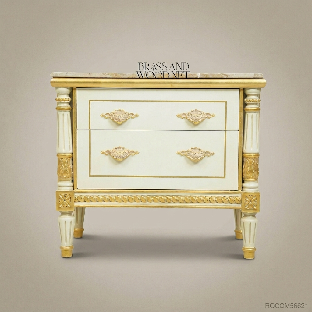 Louis XVI Neoclassical Ivory & Gold Nightstand with Marble Top and Fluted Columns