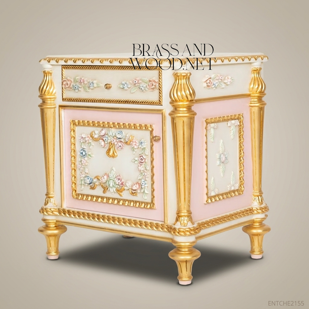 Louis XVI Neoclassical Ivory & Gold Nightstand with Hand-Painted Floral Relief Panels