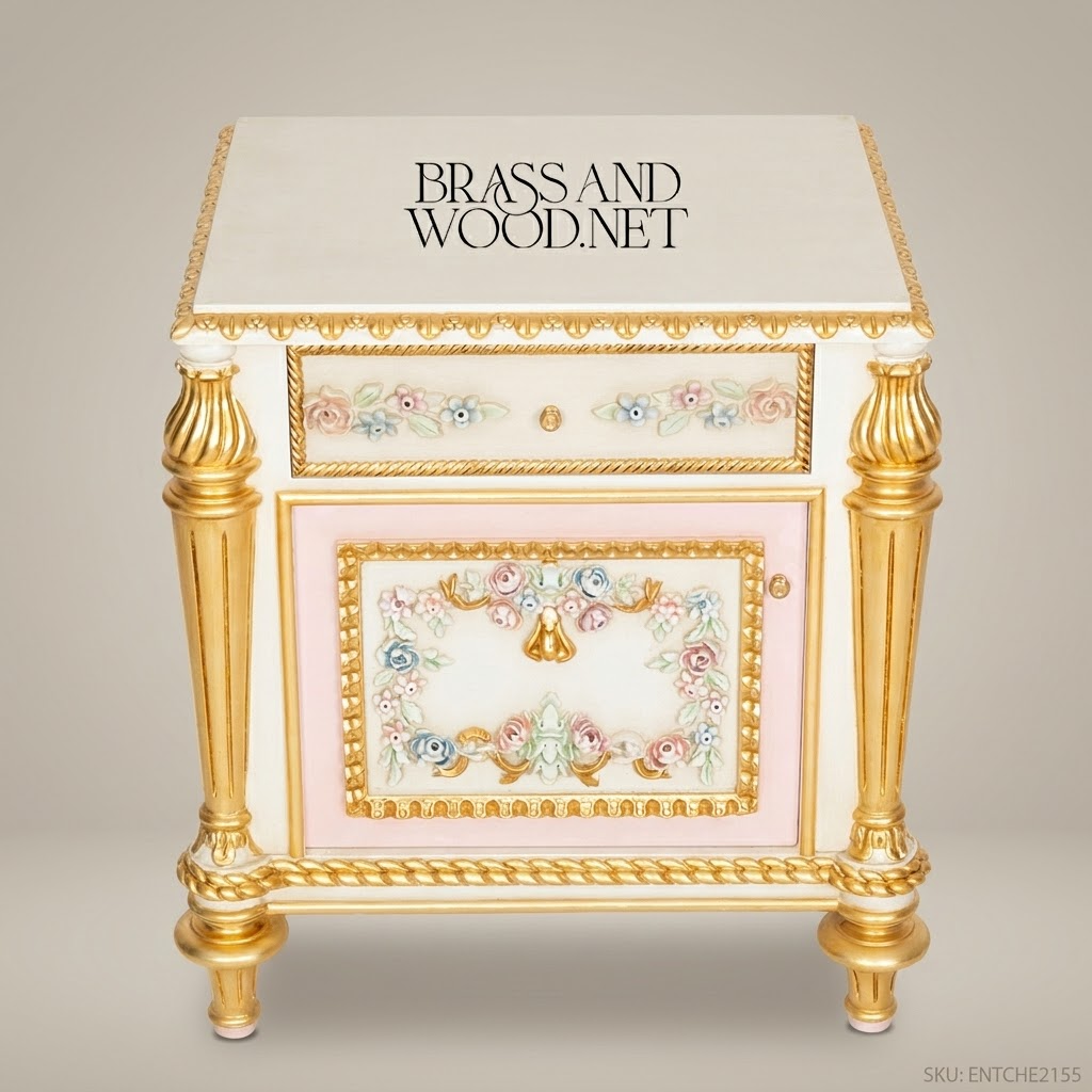 Louis XVI Neoclassical Ivory & Gold Nightstand with Hand-Painted Floral Relief Panels