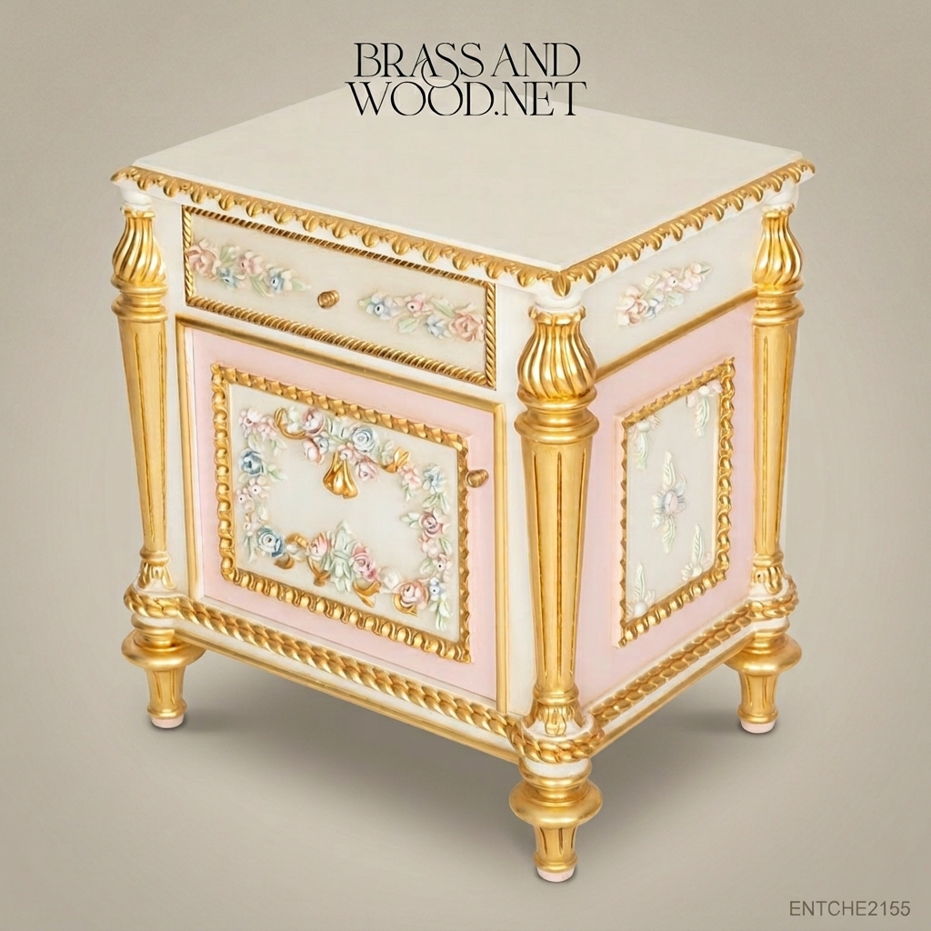 Louis XVI Neoclassical Ivory & Gold Nightstand with Hand-Painted Floral Relief Panels