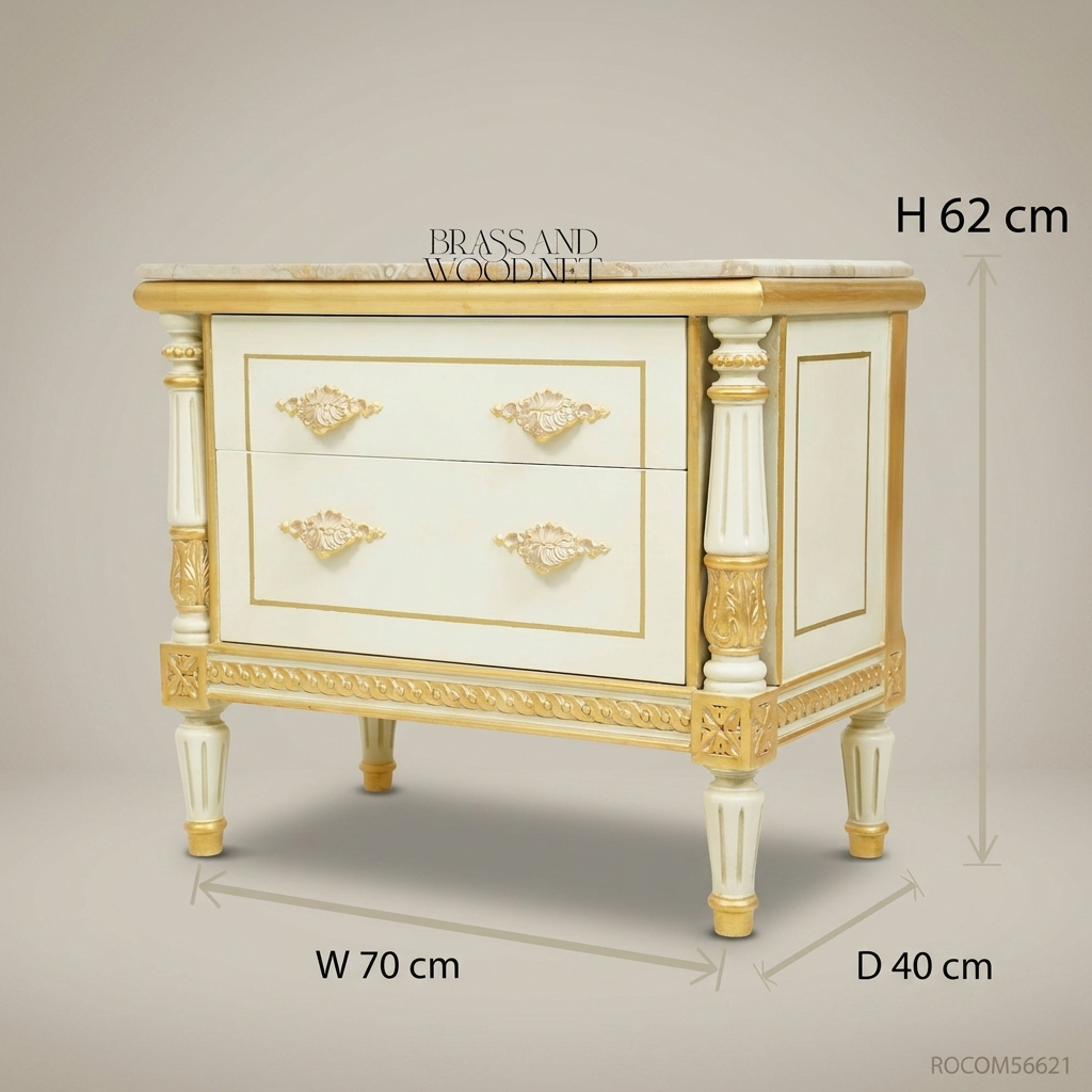 Louis XVI Neoclassical Ivory & Gold Nightstand with Marble Top and Fluted Columns