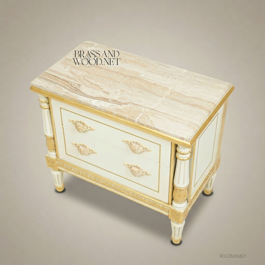 Louis XVI Neoclassical Ivory & Gold Nightstand with Marble Top and Fluted Columns