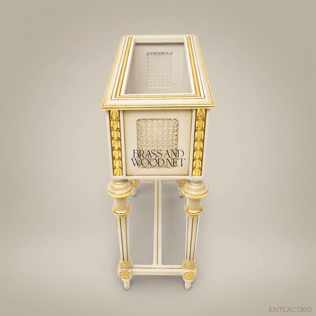 Louis XVI Neoclassical Ivory & Gold Plant Stand — Lyre Basket Cartouche with Cane-Weave Panels
