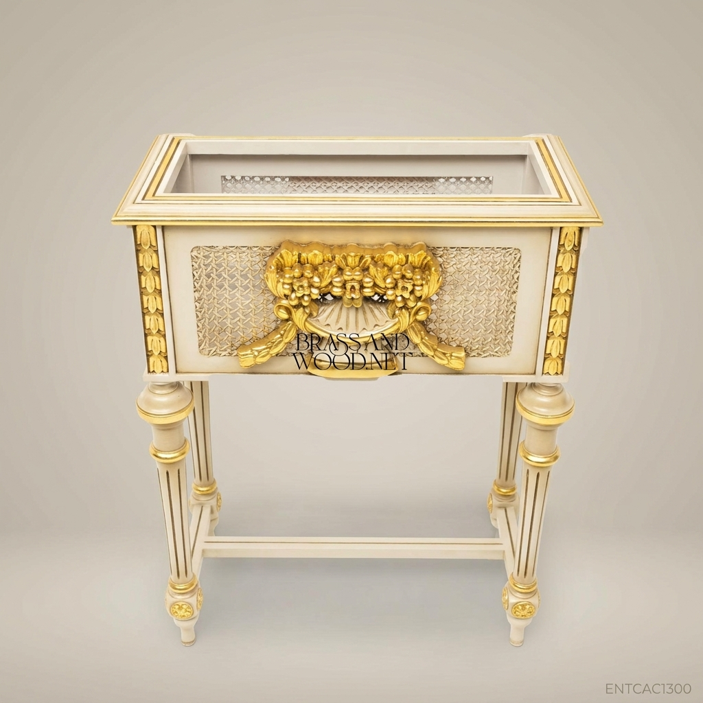 Louis XVI Neoclassical Ivory & Gold Plant Stand — Lyre Basket Cartouche with Cane-Weave Panels