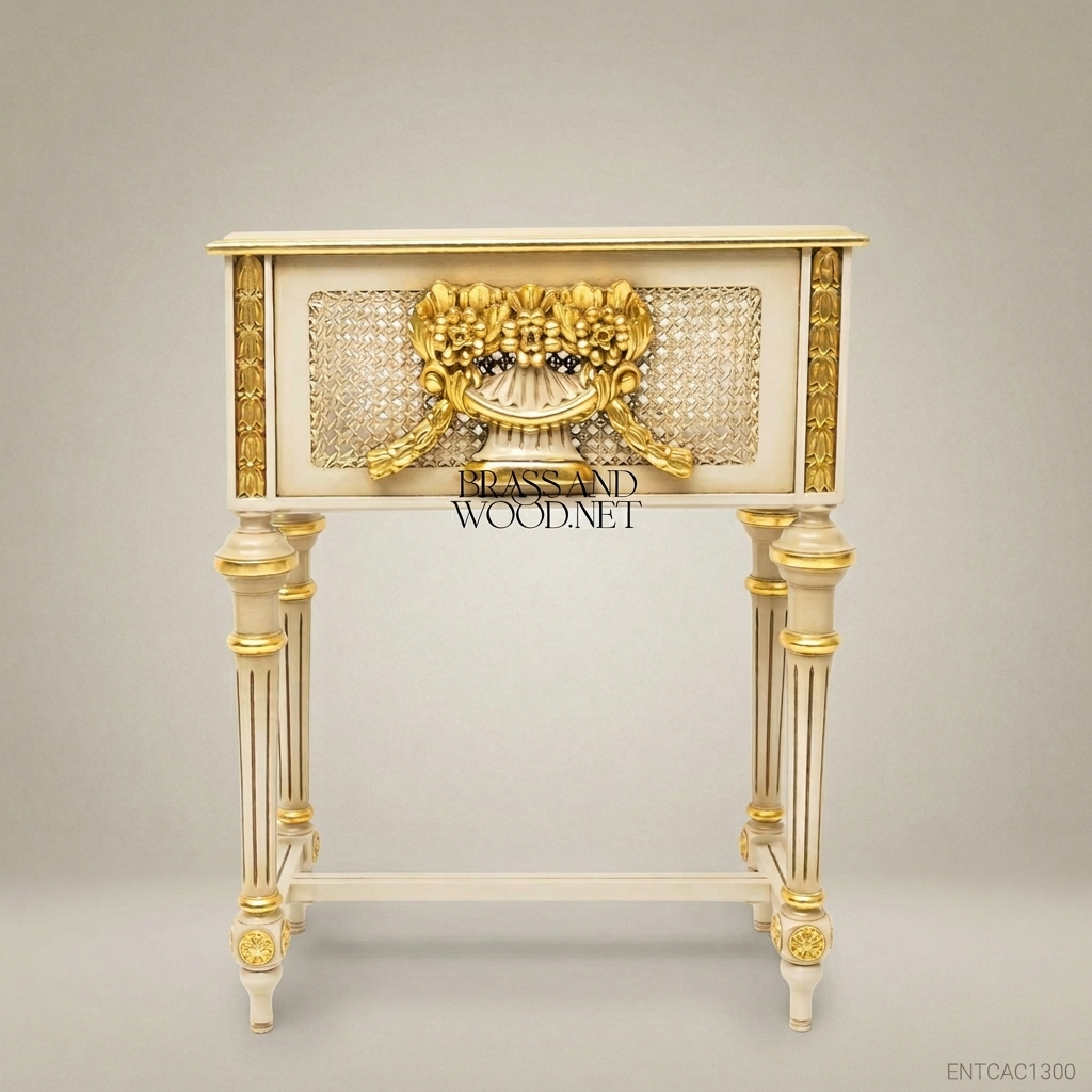 Louis XVI Neoclassical Ivory & Gold Plant Stand — Lyre Basket Cartouche with Cane-Weave Panels