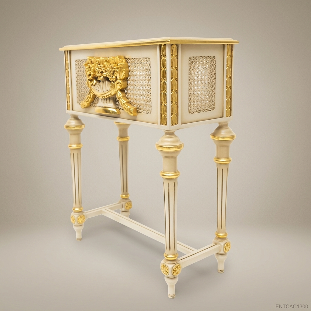 Louis XVI Neoclassical Ivory & Gold Plant Stand — Lyre Basket Cartouche with Cane-Weave Panels