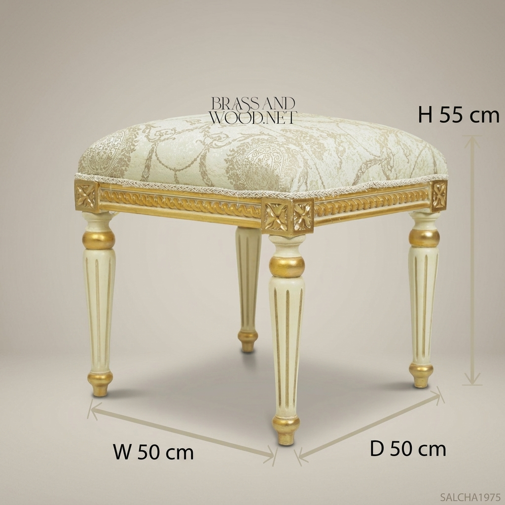 Louis XVI Neoclassical Ivory & Gold Vanity Stool - Fluted Legs with Damask Seat