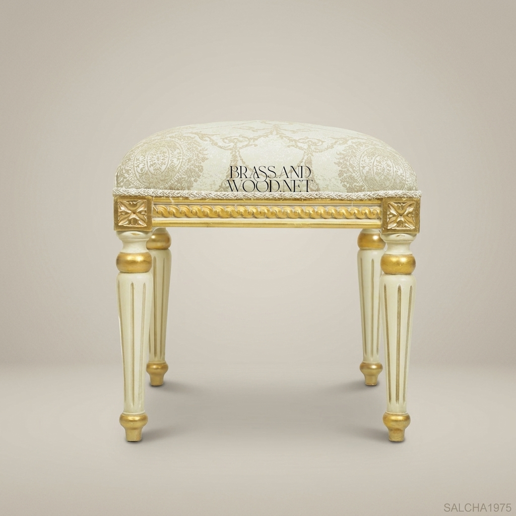 Louis XVI Neoclassical Ivory & Gold Vanity Stool - Fluted Legs with Damask Seat