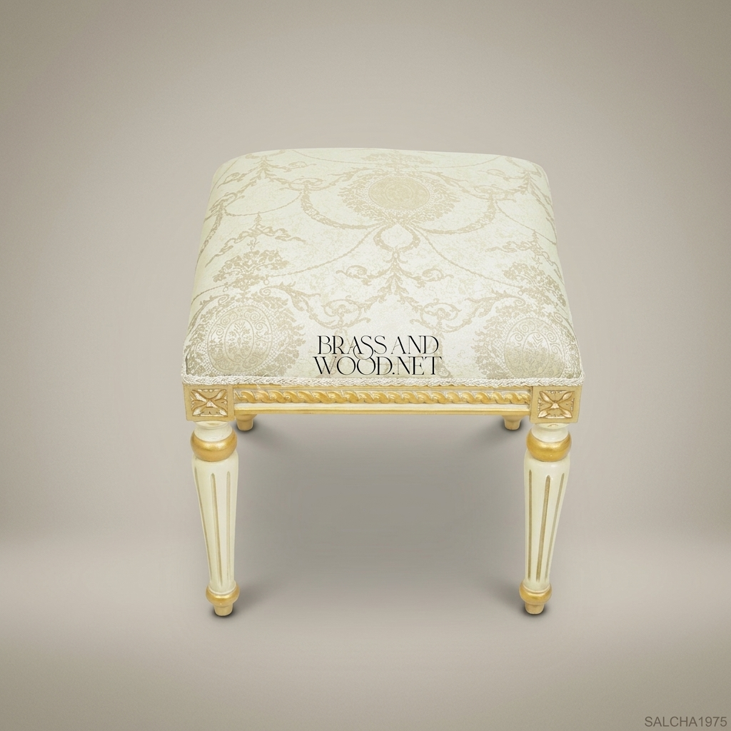 Louis XVI Neoclassical Ivory & Gold Vanity Stool - Fluted Legs with Damask Seat