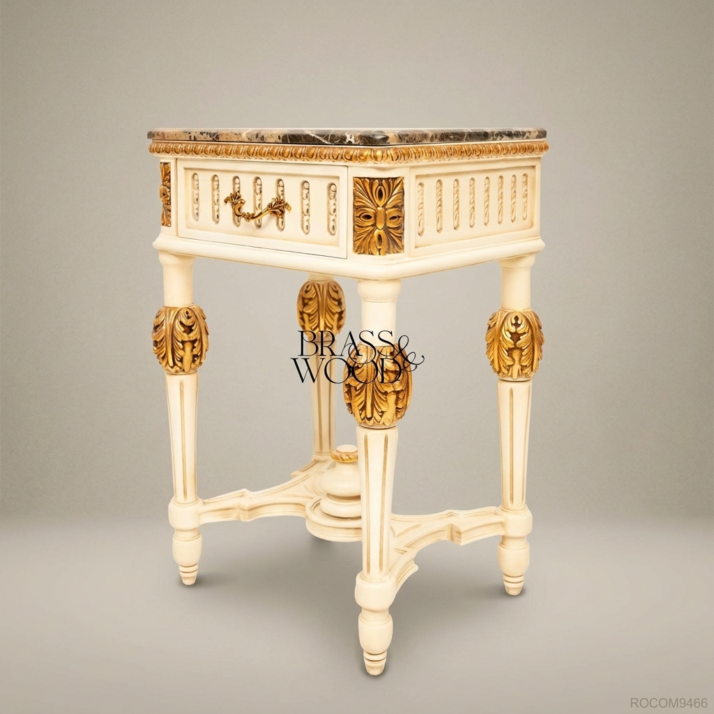 Louis XVI Neoclassical Ivory Nightstand with Emperador Marble Top & Gilded Acanthus Carvings