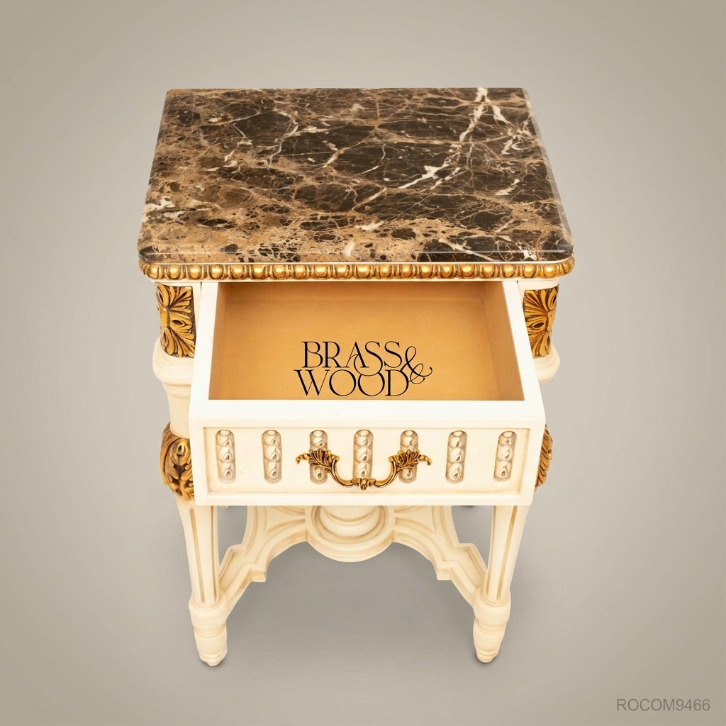 Louis XVI Neoclassical Ivory Nightstand with Emperador Marble Top & Gilded Acanthus Carvings